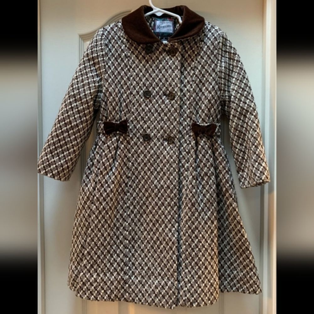 Rothschild Brown White Gold Sparkle Thread Houdstooth Girl Dress Coat Sz 5. Wool